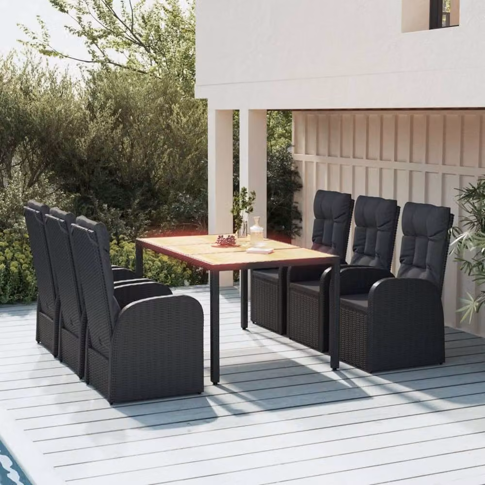 Berkfield Home Beautiful 7 Piece Garden Dining Set in Black Poly Rattan and Oiled Acacia Wood – 2