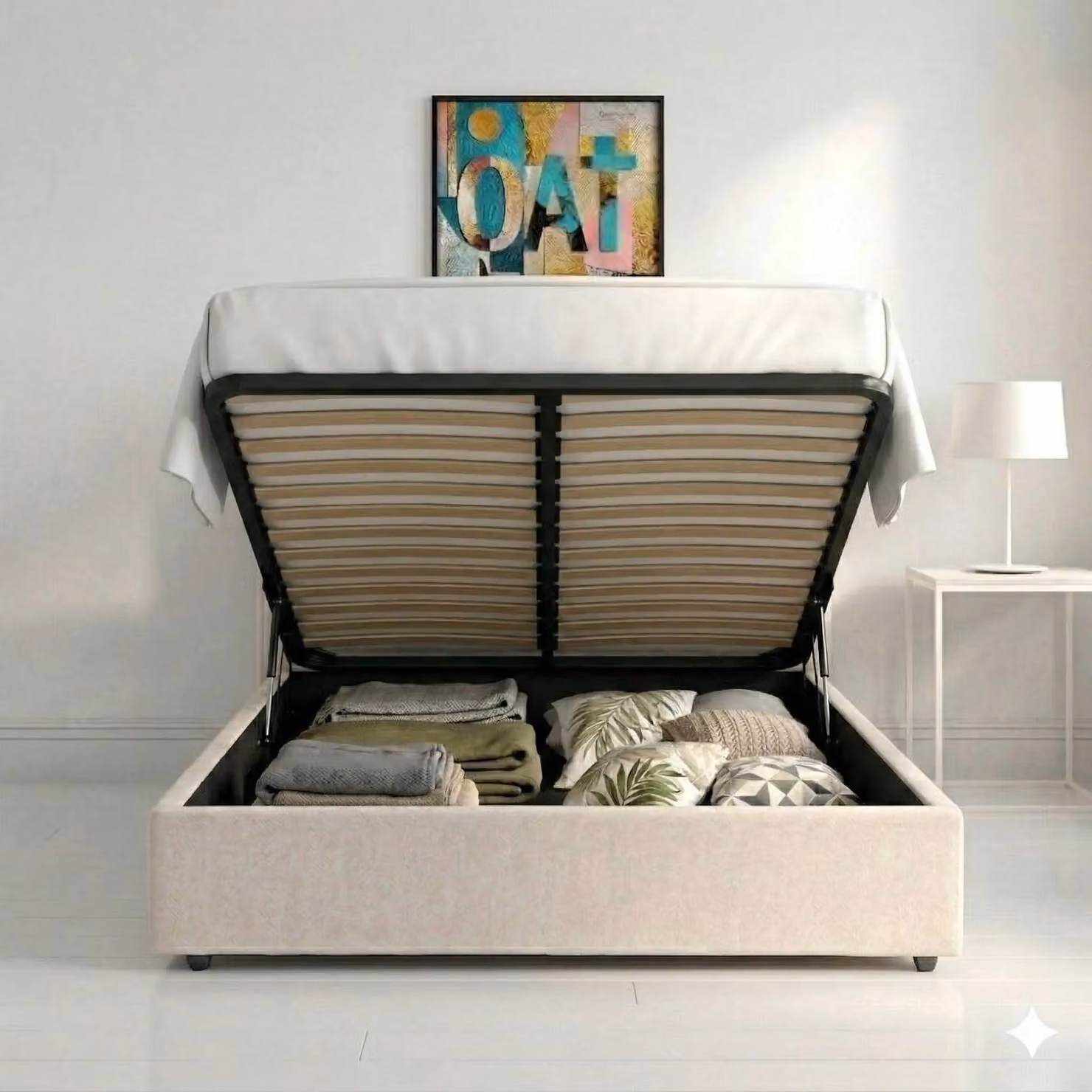 OAT Home Delamere Modern Low Headboard Upholstered Ottoman Storage Bed Frame in Beige/Brown, W/D/H: 140 x 200 cm – 2