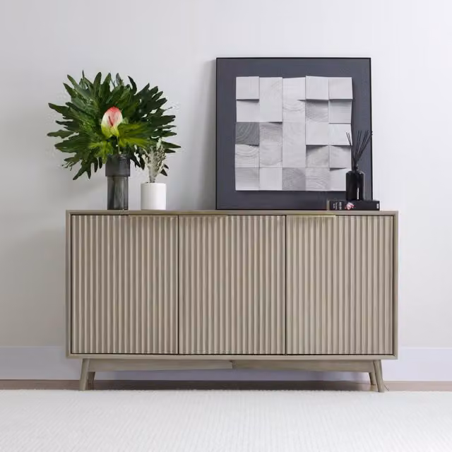 Home Garden Direct Monza 3 Door Grey Rubberwood Sideboard with Fluted Detailing