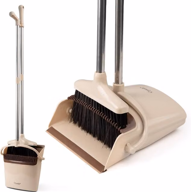 Crystals Long Handle Broom and Rotating Dustpan Set in Beige