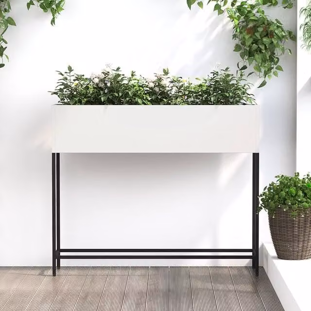 Berkfield Home Raised Garden Planter in White Steel, W/D/H: 100 x 26 x 82 cm