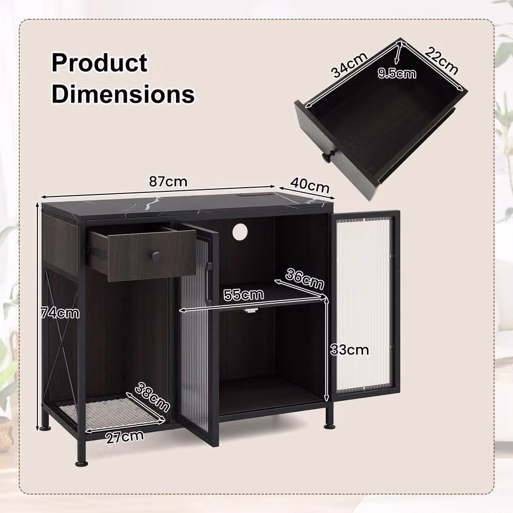 Gymax Black Buffet Sideboard with Integrated LED Lighting and Power Outlets – 2