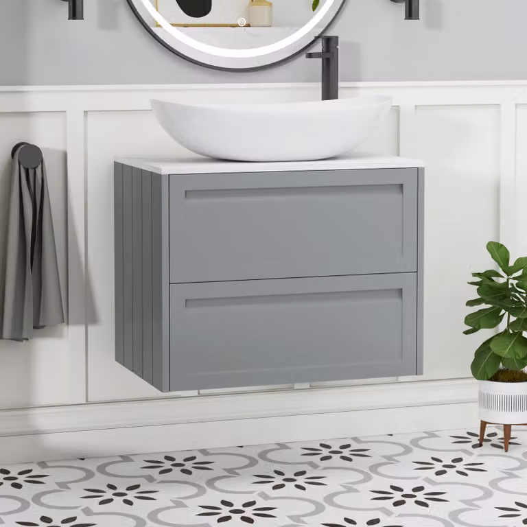 Royal Bathrooms Elmore Wall Hung 2 Drawer Vanity Unit with Cesar Basin in Matt Pebble Grey, Width: 70 cm