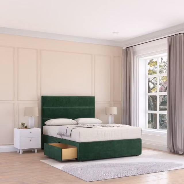 Sloomy Texas Divan Bed Base with 4 Drawers and Floor Standing Headboard, Green Velvet, W/D/H: 180 x 200 cm