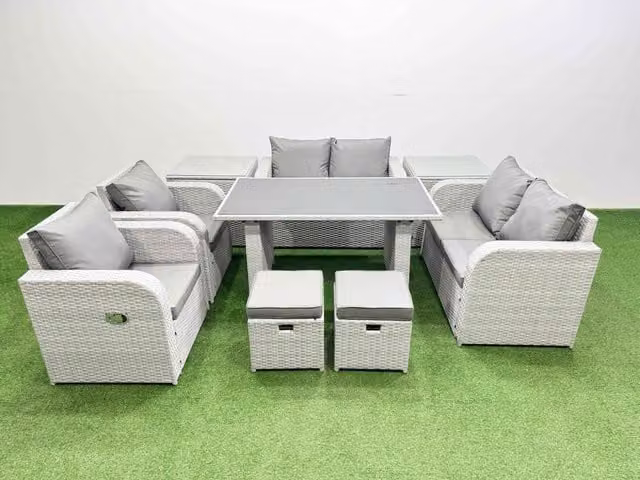 Fimous 9 Piece Patio Garden Furniture Set with Cushions and 2 Side Tables in Light Grey
