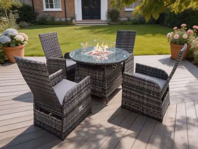 Fimous 4 Seater Rattan Gas Fire Pit Dining Set with Round Table and Chairs in Grey