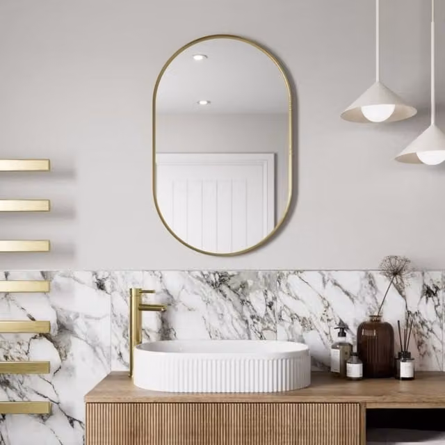 Bathwell Modern Oval Wall Mounted Framed Mirror in Brushed Brass, W: 50 cm, H: 80 cm