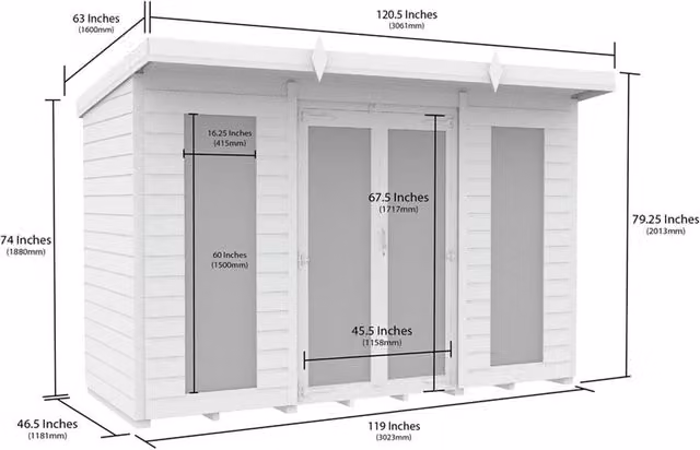 DIY Sheds Pent Summer House with Full Height Window, Tanalised Pressure Treated Wood, Green and White, W: 304.8 cm, D: 120.5 cm, H: 182.88 cm