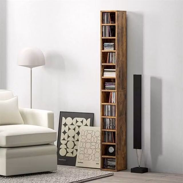EONLION Rustic Brown Wood CD Storage Unit with Media Compartments, Width: 100 cm