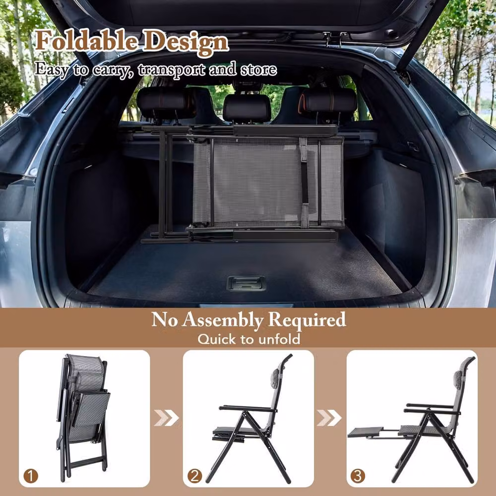 Costway Grey Folding Patio Lounge Chair with 10-Level Adjustable Backrest and Armrests – 7