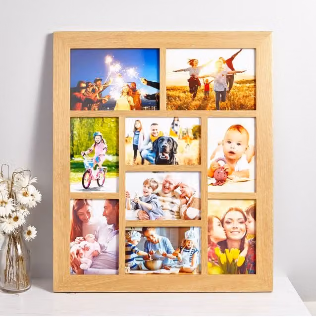 MijMoj Design Solid Oak Nine Aperture Gallery Photo Collage Frame in Brown, W/D/H: 49.0 x 41.0 x 1.8 cm – 1