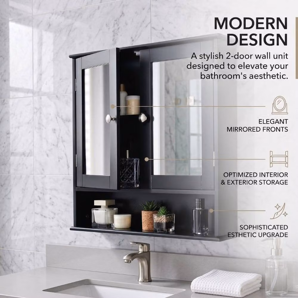 Home Luxe Interior Maine Black 2 Door Bathroom Wall Cabinet with Mirrored Glass Doors and Storage – 6