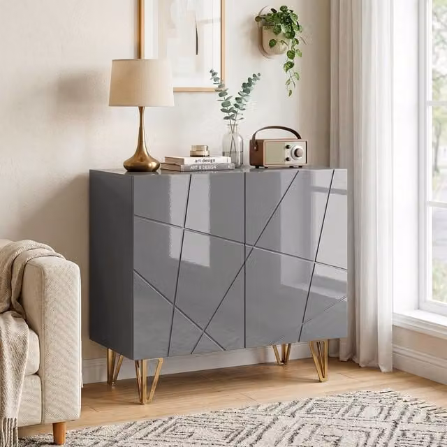 HOMCOM High Gloss 3-Door Storage Cabinet in Grey and Gold