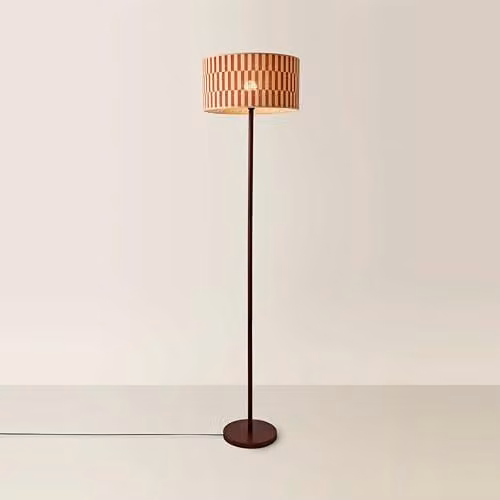 ValueLights Heather Dark Wood Floor Lamp with Orange Checkerboard Bamboo Shade, H 180 cm x W 30 cm x D 30 cm