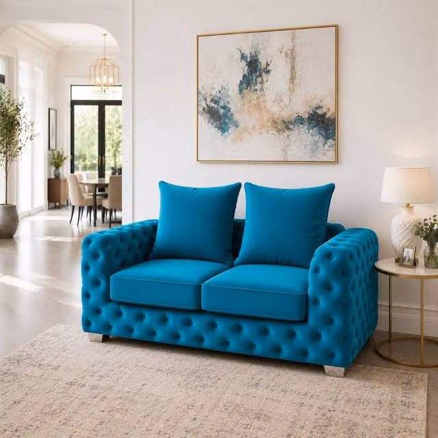 Stratus Interiors Ashley Chesterfield 2 Seater Scatter Back Upholstered Velvet Sofa in Petrol Teal, W: 177.8 cm, H: 76.0 cm, D: 67.0 cm