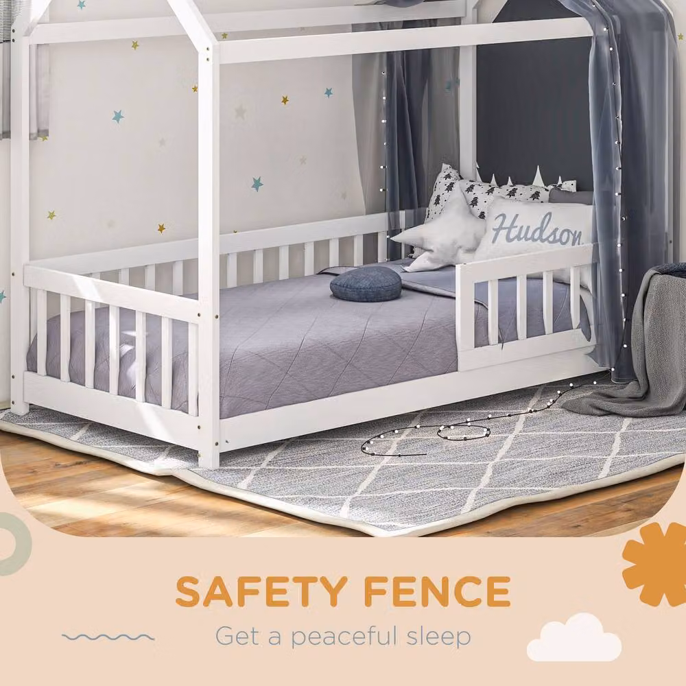 HOMCOM House-Shaped Solid Wood Kids Bed Frame with Guard Rails in White, 90 x 190 cm – 4