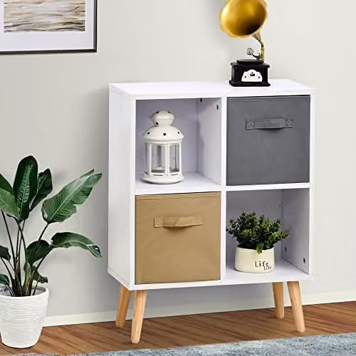 HOMCOM Freestanding 4 Cube Storage Cabinet Bookcase with 2 Drawers in White – 2