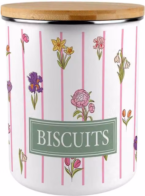 Purely Home Pinstripe Flowers Extra Large Airtight Biscuit Tin, Pink Floral Enamel and Metal with Bamboo Lid