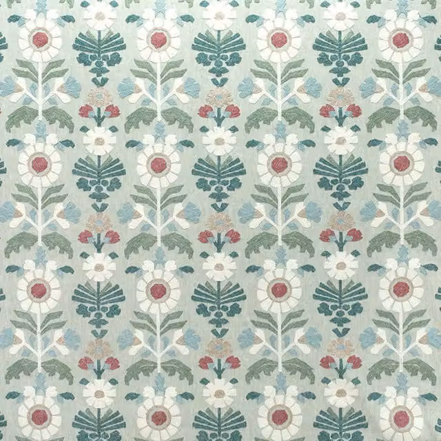 Fibre Naturelle Oslo Floral Embroidered Cotton and Linen Fabric in Sage Green