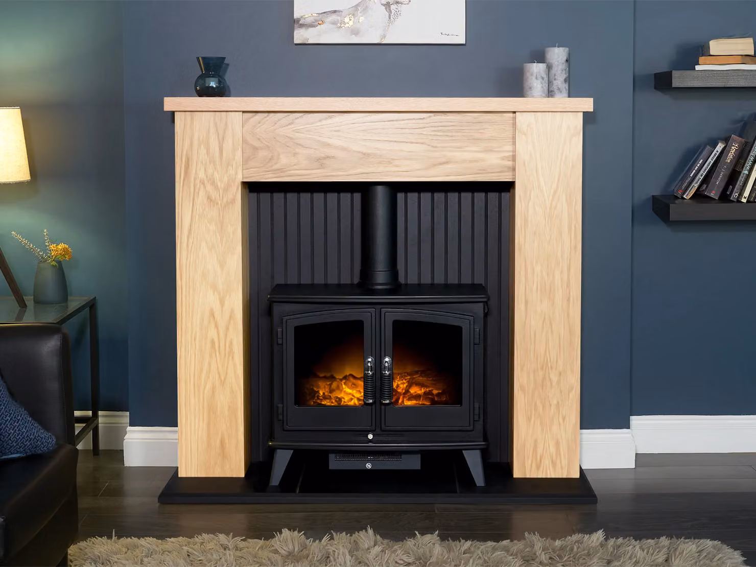 Adam Fires & Fireplaces New England Stove Fireplace in Oak and Black with Woodhouse Electric Stove in Black – 2