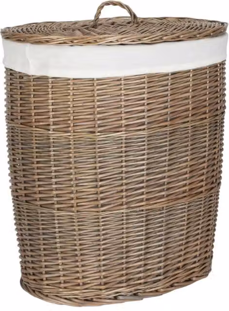 Red Hamper Antique Wash White Cotton Lined Oval Willow Laundry Basket in Brown