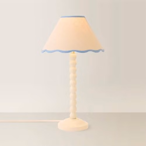 ValueLights Bobbin Blue Trim Linen Shade Walnut Bobble Table Lamp with Bulb