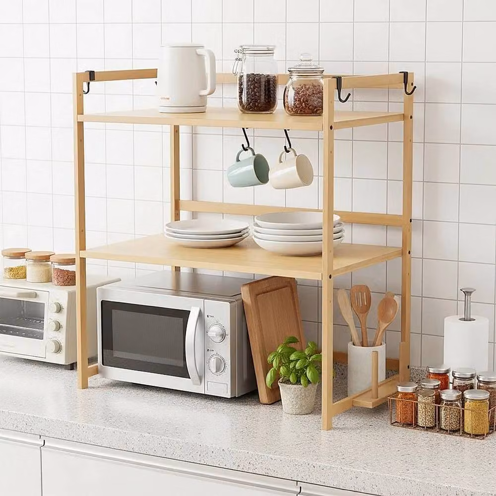 EONLION 2 Tier Bamboo Microwave Oven Rack in Natural Wood Colour, Width: 100 cm – 3