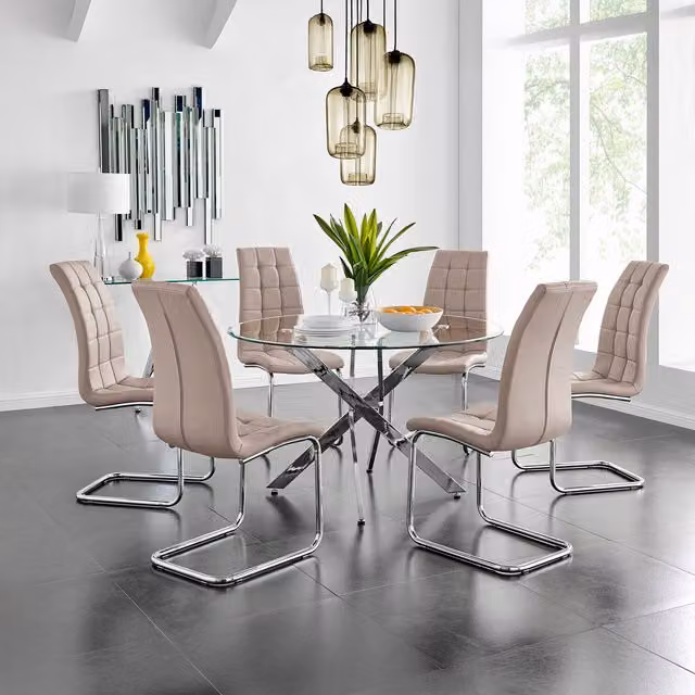 FurnitureboxUK Novara Round Glass Dining Table and 6 Murano Chairs Set in Cappuccino with Chrome Metal Frame, Diameter: 120 cm