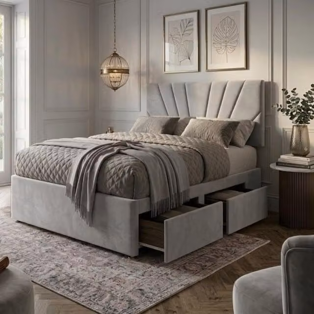 Bed Time UK Plush Velvet Divan Bed with 20 inch Sunrise Headboard, 2 Drawers and Mattress in Silver, Super King, W/D/H: 200 x 200 cm