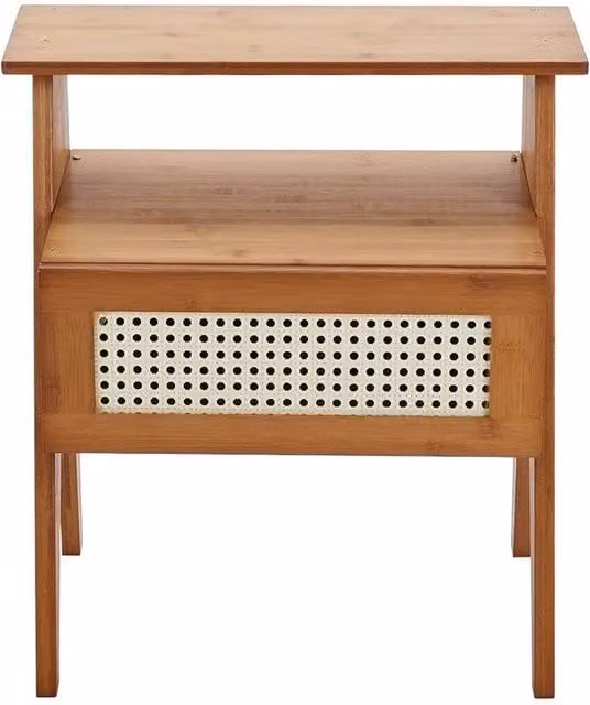 VOGREX Boho Wood and Rattan Bedside Table with Drawer in Brown and Multicolour – 1