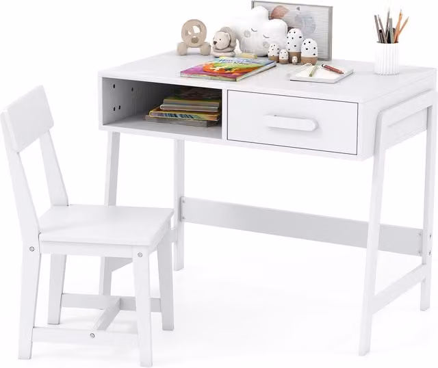 Gymax White Wooden Childrens Desk and Chair Set with Pine Wood Construction – 1