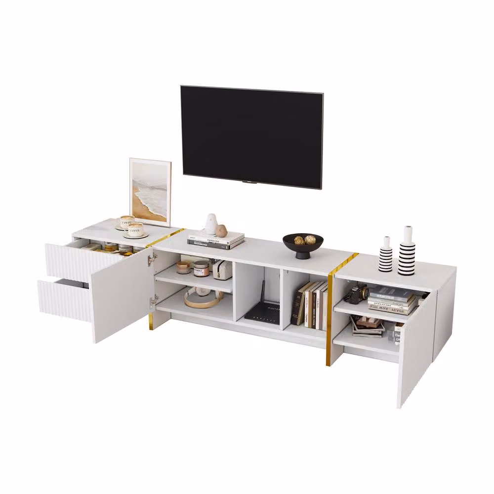 ModernLuxe Modern TV Cabinet with 2 Drawers, Storage Cabinet and Open Shelves in White and Multicolour Matt Finish – 4