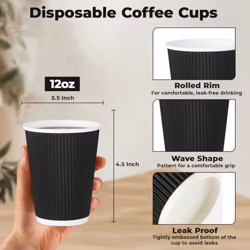 ECONX 100 Pack Triple Wall Insulated Disposable Black Paper Coffee Cups, 12oz – 3