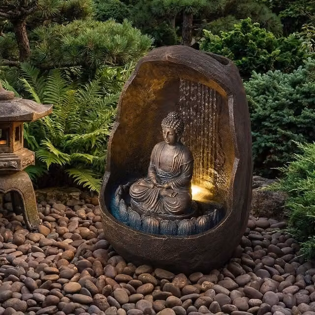 Lifeideas Brown Resin Solar Buddha Statue Cascade Water Feature