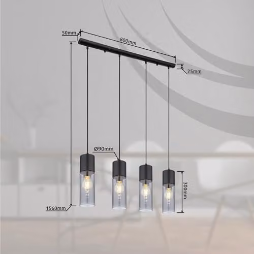 Globo Lighting Annika Bar Pendant Light in Black and Grey with Smoked Glass, 4x E27, W: 80 cm, H: 156 cm – 3