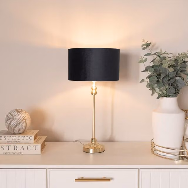 ValueLights Maggie Gold Candlestick Table Lamp in Black with Gold Velvet Drum Shade and Bulb Included