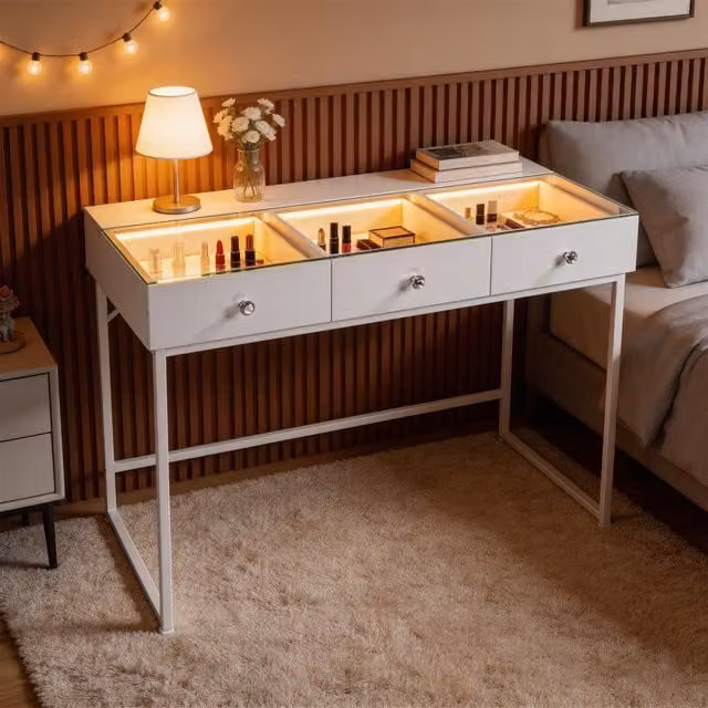 Vanitii Global Hollywood LED Makeup Vanity Desk with 3 Drawers and Glass Top in White