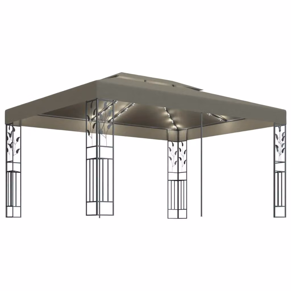 Berkfield Home Gazebo with Double Roof and LED String Lights, Beige, W: 4.0 m, D: 3.0 m – 2