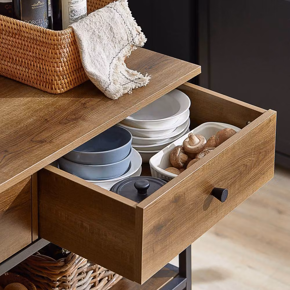 SoBuy Industrial Kitchen Trolley with 2 Drawers and 3 Shelves in Brown and Black – 7