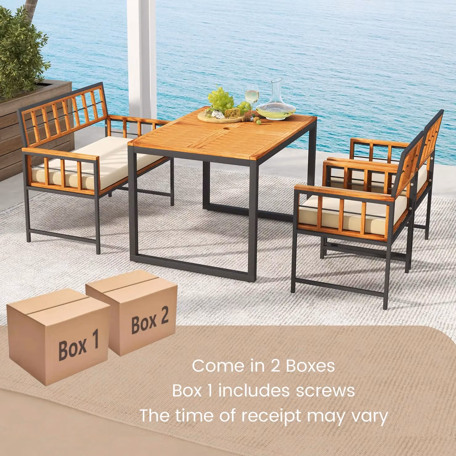 Gymax 4-Piece Acacia Wood Outdoor Patio Dining Set with Rectangular Table and Chairs in Brown – 6
