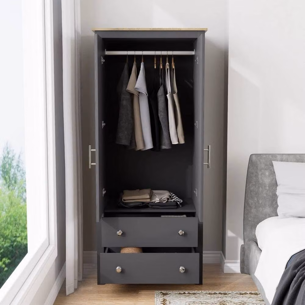 FLAVORA Grey 2 Door Wardrobe with Oak Top, Drawers and Hanging Rail, W/D/H: 100 x 100 x 100 cm – 3