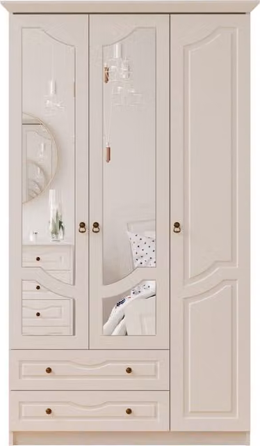 EVUHOME Chloe White 3 Door 2 Drawer Mirrored Wardrobe, H 210 cm x W 105 cm x D 52 cm