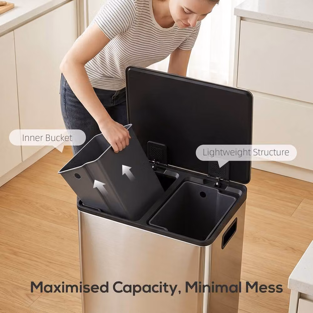 STILVORA 60L Stainless Steel Kitchen Bin in Silver with Dual Compartments, Soft-Close Lid and Odour Filter – 7