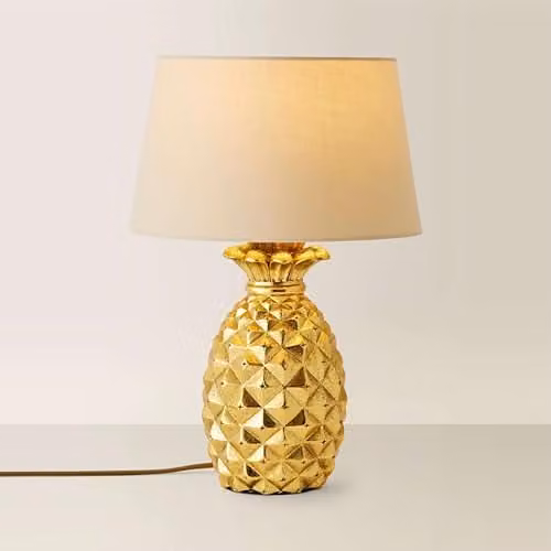 ValueLights Modern Pineapple Design Table Lamp in Gold/Brass with Beige Fabric Shade