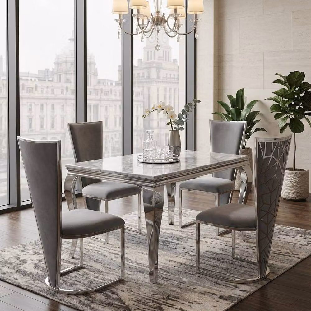 Home Luxe Interior Marble Dining Table and 4 Vienna Silver Grey Velvet Chairs Set, W: 120 cm – 4