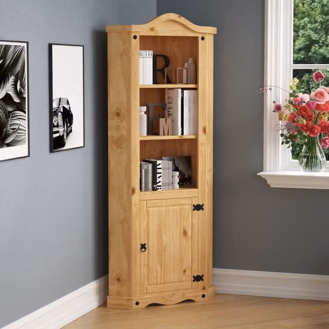 Vida Designs Rustic Waxed Pine Corner Bookcase in Brown