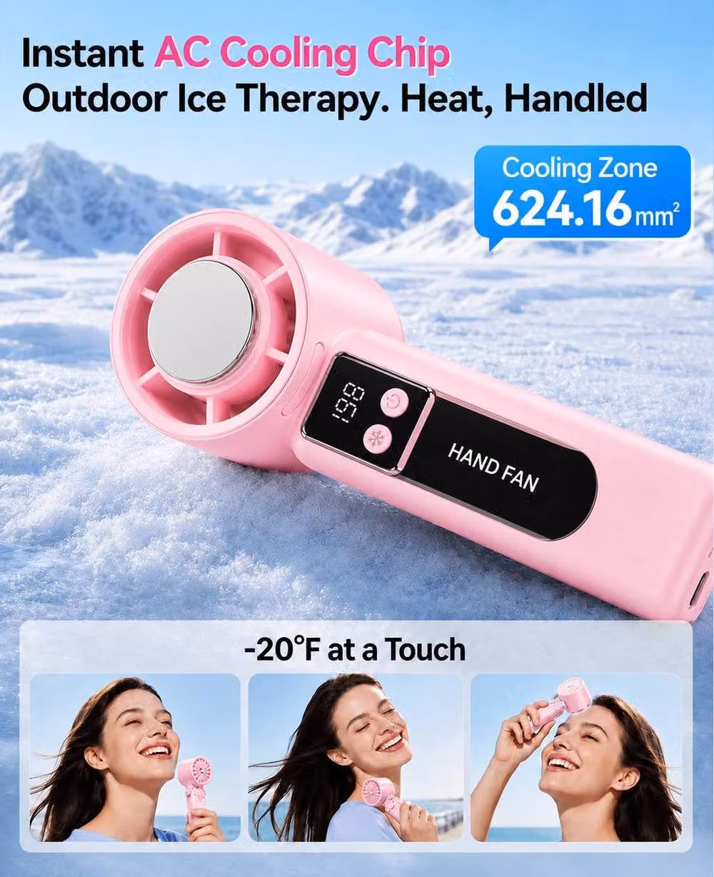Dyzi Handheld AC Ice Cooling Fan, USB-C Rechargeable Portable Fan with 199 Speeds, Pink – 3