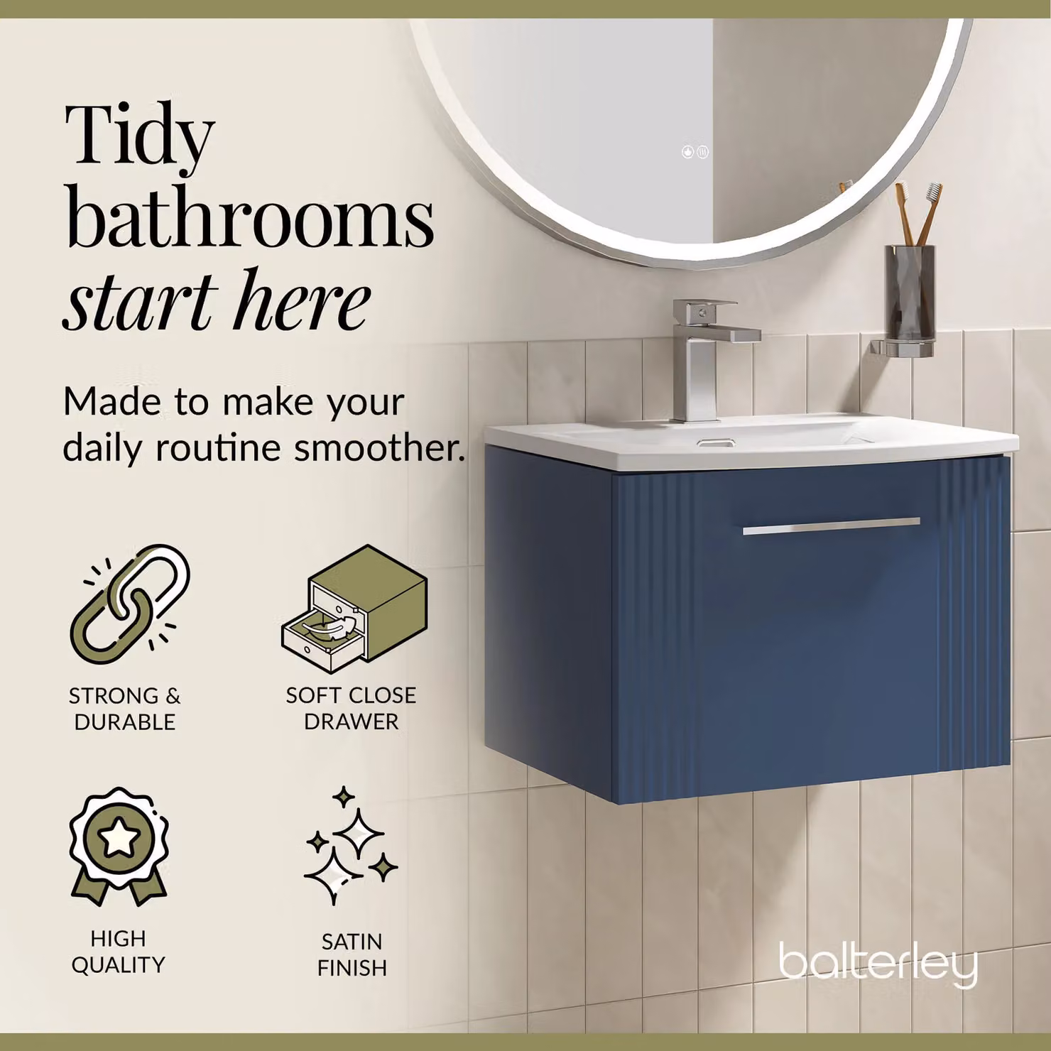 Balterley Wall Hung 1 Drawer Vanity Unit with Curved Basin, Satin Blue – 3