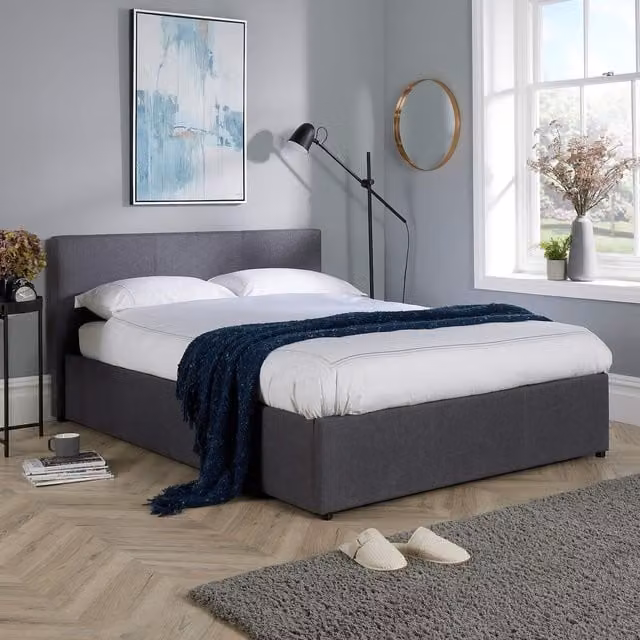 Home Source Double Ottoman Storage Bed Frame in Grey Hopsack Fabric with Gas Lift Base – 1
