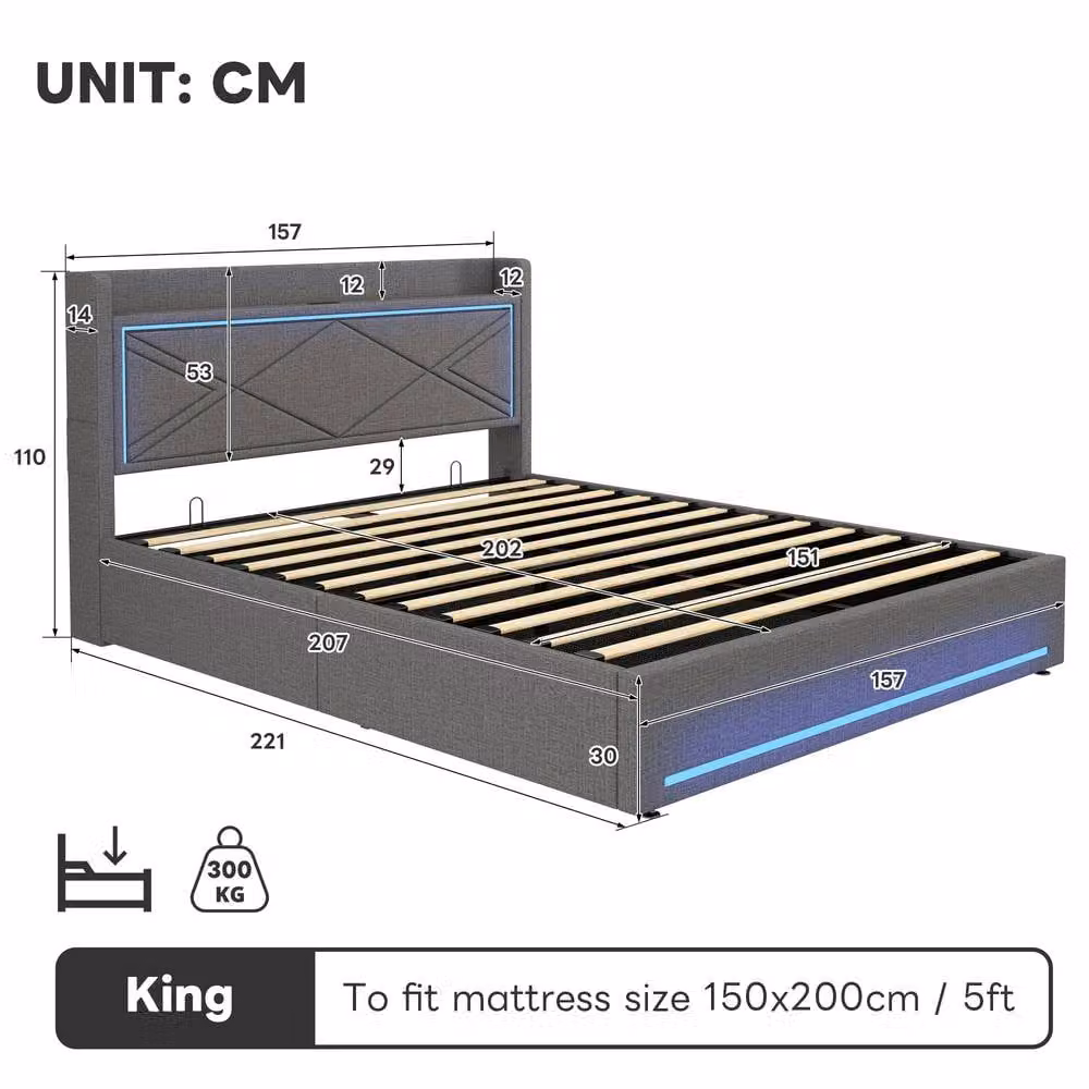 Rolipo King Size Upholstered Ottoman Bed in Grey with LED Under-Bed Lighting and USB Charging Ports, W/D/H: 180 x 200 cm – 6